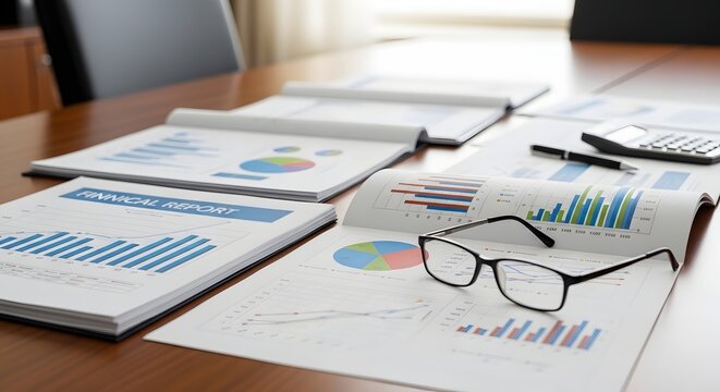 Business documents and glasses on a wooden desk with charts and graphs