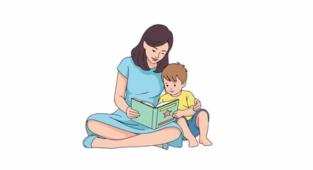 Obraz premium Mother reading a storybook to her young son, fostering imagination and bonding time, isolated on white.