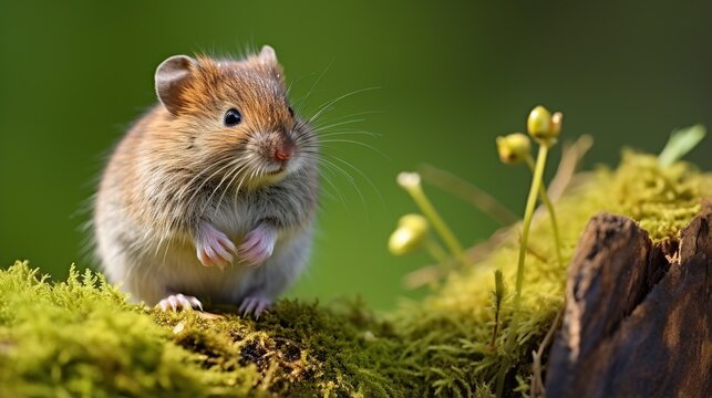 Curious Tiny Forest Mouse Perched On Mossy Ground Beside A Weathered Log In Bright Green Light