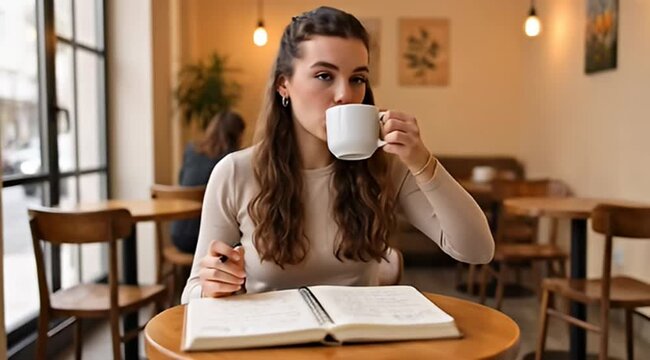 Young woman drinking coffee and writing in a notebook at a cafe