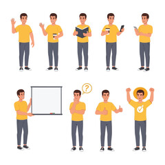 Obraz premium Character in Multiple Poses: A character illustration in various poses, from casual greetings to engaged contemplation, the versatile depiction portrays a wide range of actions.
