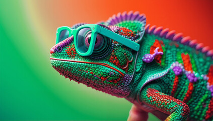 Colorful chameleon sitting on a branch isolated on a bright red and green background closeup view.