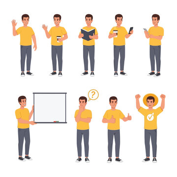 Character in Multiple Poses: A character illustration in various poses, from casual greetings to engaged contemplation, the versatile depiction portrays a wide range of actions.
