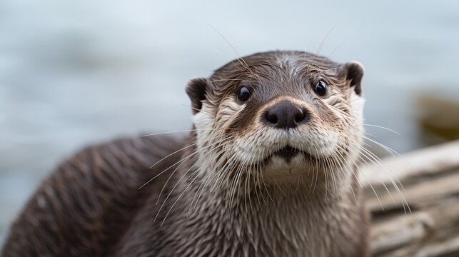 Curious river otter gazes directly at the camera with a wet whiskered face