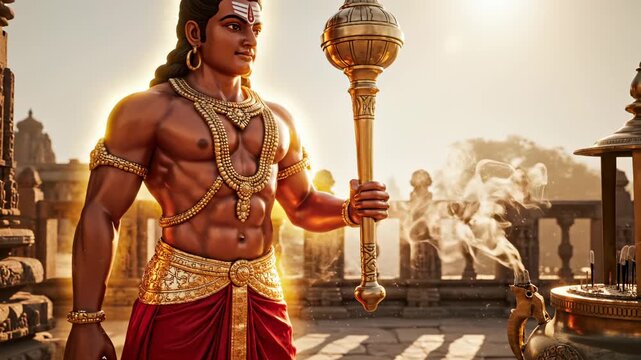 Ancient warrior holds golden mace at temple sunset. Muscular deity with ornate jewelry stands near incense. Warrior figure with mace staff at ancient temple. Golden sunset illuminates deity warrior.