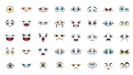 Fototapeta premium Large collection of cartoon eyes showing a wide range of emotions like happiness, sadness, anger, surprise, and sleepy expressions.