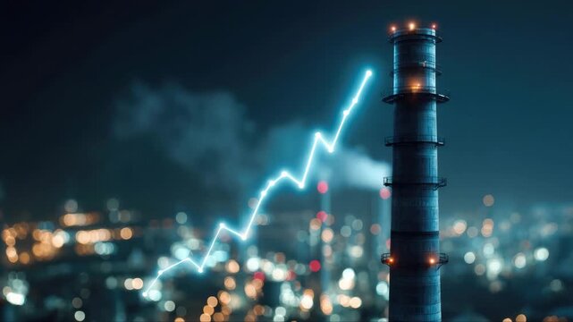 Industrial smokestack illuminated at night with rising graph line overlay, showcasing urban skyline and glowing city lights in the background