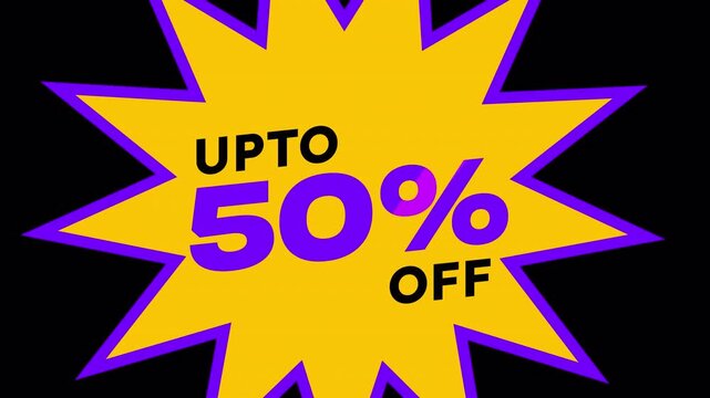 Animated Starburst Graphic with Upto 50% Off Discount Text Transparent Background