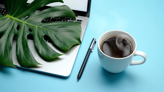 Vibrant Monstera Leaf Resting on a Laptop beside a Coffee Cup and Pen on a Bright Blue Surface