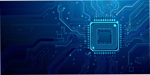 Abstract blue circuit board with a central processor and glowing lines