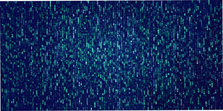 Abstract digital rain of green code cascading down a dark blue background