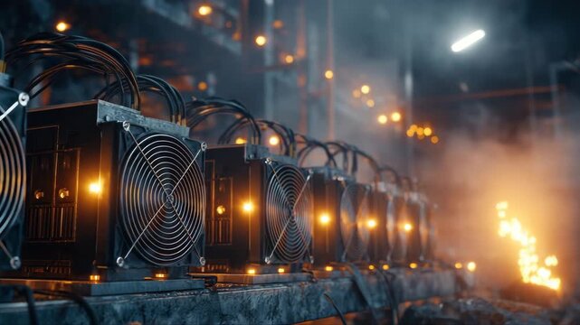Series of cryptocurrency mining machines with illuminated fans and cables, positioned in a dimly lit industrial setting, showcasing the technology's intricate design and functionality