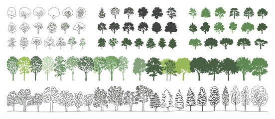 Architectural CAD Tree Line Set, Side View Forest and Wetland Section Illustrations for Landscape Design, Technical Outline Vegetation Elements, Clean Vector Drawing Collection © RIOTOO