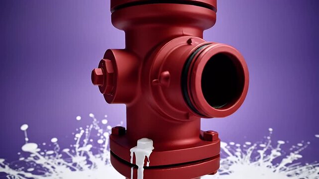 Vibrant red fire hydrant with dramatic water splash behind a purple urban backdrop