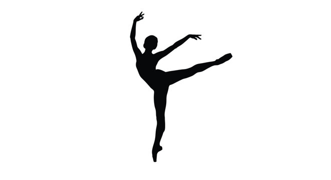Graceful ballet dancer performing an elegant arabesque pose, depicted as a striking vector silhouette illustration.