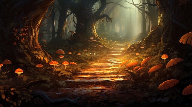 Enchanted Moonlit Forest Path Lined with Glowing Mushrooms and Amber Light