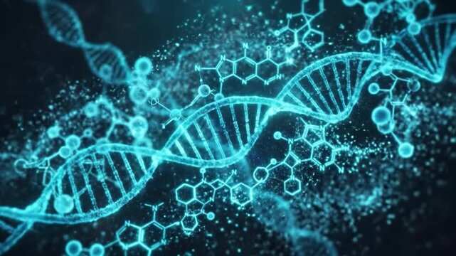 DNA strand molecular structure genetic code blue light science background biotechnology double helix chemical formula microscopic view glowing particles futuristic design microscopic biology chemical