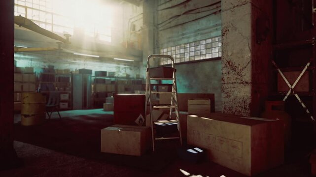 Dim storage mezzanine with crates and ladder submerged in soft evening light, stacked pallets and wrapped boxes near columns, workbench and ladder hint