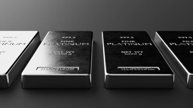 Elegant platinum ingots with smooth reflective surface. Perfect luxury metallic background for fintech, finance and premium branding. Seamless loop animation, part of series.