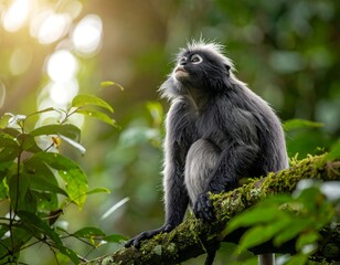 Obraz premium Dusky leaf monkey perched on a mossy branch, gazing upward in a lush green forest with sunflare