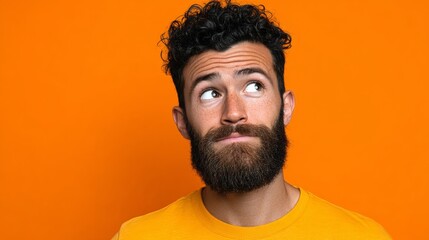 Obraz premium Male model with curly hair and beard wearing a yellow t-shirt poses against a bright orange background, looking upwards with a thoughtful expression