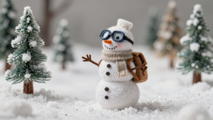Obraz premium A miniature snowman explorer made of wool wearing all kinds of equipment, the whole world is made of felt textile