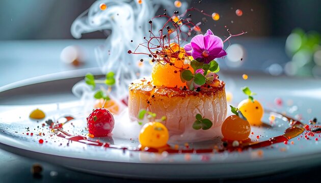 Gourmet plated dish with vibrant colors and smoke
