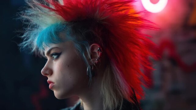 Young woman with colorful spiked hair poses in profile against a vibrant backdrop, showcasing her unique style and piercings in a creative urban setting