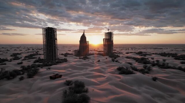 Sunset over desert dune and skyscraper. Construction skeleton with crane. Abandoned building partly buried in sand. Bulldozer vehicle rests among sparse shrub. Sky filled with cloud at goldenhour.