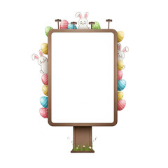 A brown sign with colorful easter eggs and bunnies isolated on transparent background. Png