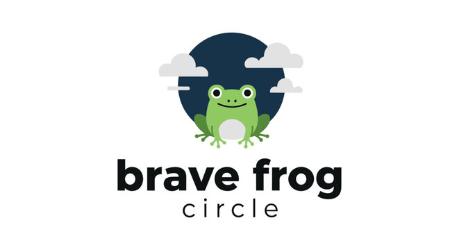 Brave frog logo on white background with cartoon style and green color in modern flat design for branding
