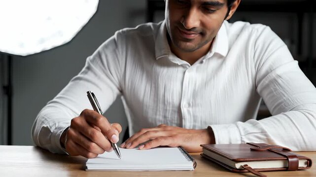Man writes in notebook with pen at desk while smiling. Professional writing in journal with leather planner nearby. Man uses pen on notebook at workspace. Writing professional works on journal.