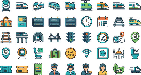 Train railway transport vector icon set with high speed train station ticket conductor signal track and public transportation symbols © Mstferdoshi