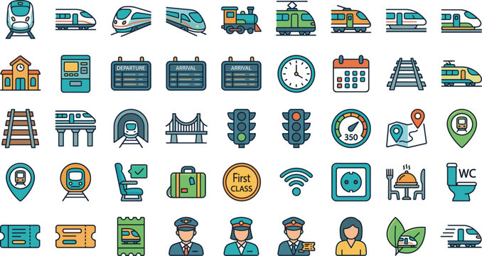 Train railway transport vector icon set with high speed train station ticket conductor signal track and public transportation symbols