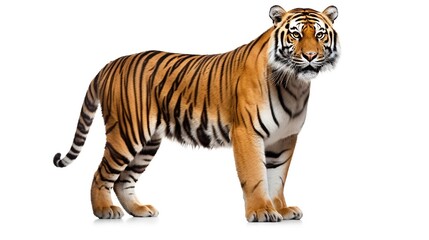 Obraz premium Majestic Bengal Tiger Standing on a White Background, Facing Right, with Striped Orange Fur