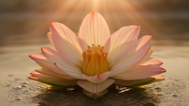 Close-up of a beautiful pink and white water lily or lotus flower opening slowly on calm water at sunrise or sunset with golden sun rays shining from behind.