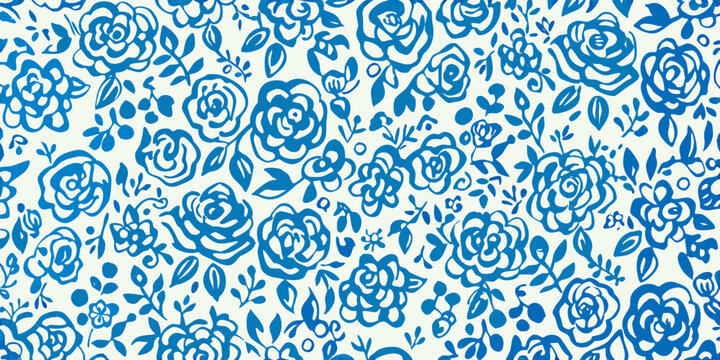 Blue and white floral pattern with hand drawn style rose illustrations