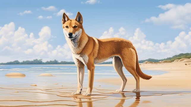 Golden-Brown Shiba Inu Standing Confidently in Shallow Beach Water Under a Bright Blue Sky