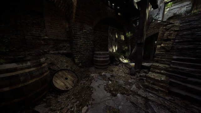 Old cooperage corner framed by oak barrels and crumbling mortar, dusty floor, fragmented wood ends, artisan memory lingering, textured decay.