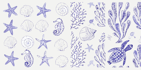 Delicate blue sketches of seashells starfish seahorses and marine life © Bithi