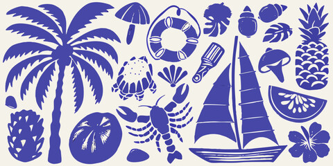 Blue and white illustration of tropical elements and nautical themes © Bithi