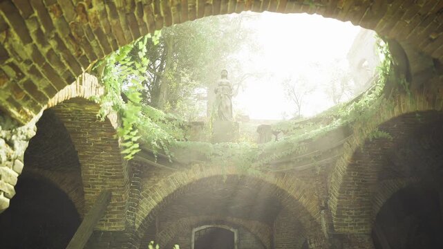 Overgrown circular courtyard bathed in diffused light, trailing ivy and moss lining crumbling rim, scattered petals and damp stone, evocative setting for film
