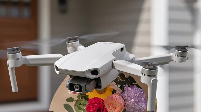 A drone flies forward carrying a bouquet of colorful flowers