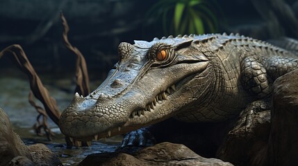 Fototapeta premium Majestic Crocodile Head Emerging from Murky Swamp Water Under Dense Jungle Canopy