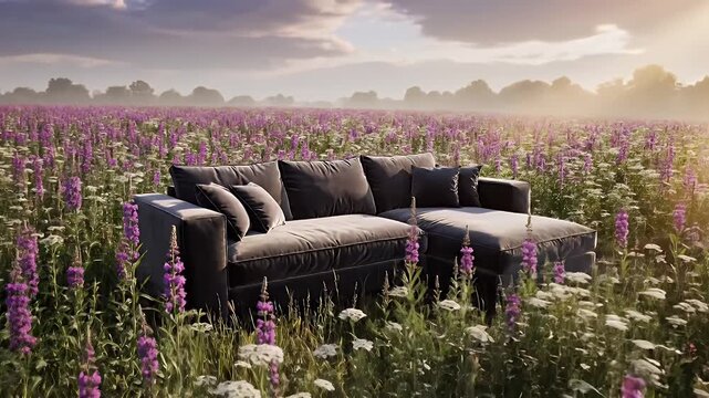Sunlit Wildflower Field with Modern Black Couch Surrounded by Purple Foxgloves