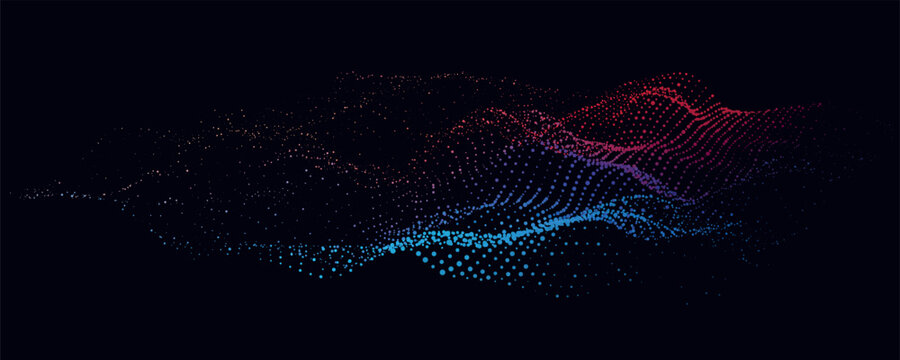 Vector abstract particle wave landscape on dark background. Glowing blue and red dots form flowing digital terrain. Futuristic technology data visualization.

