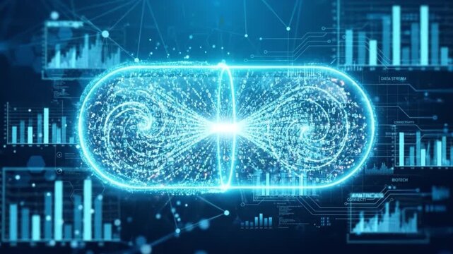 Digital data visualization featuring glowing capsule shapes, binary code swirls, futuristic blue technology with charts and graphs, innovative digital capsule medicine, healthcare data analytics