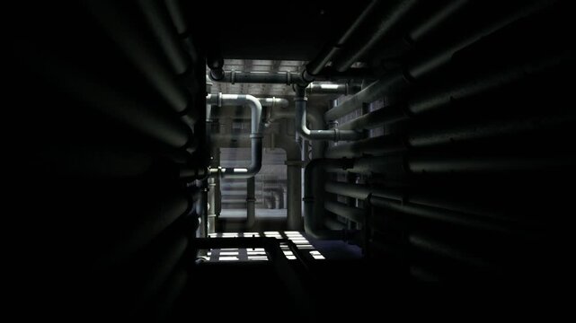 Long ventilation tunnel with parallel pipes and rhythmic shadows, grated floor and distant light source, worn metal surfaces and echoing atmosphere, security