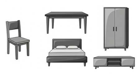 Collection of furniture items including a chair table bed wardrobe and cabinet.