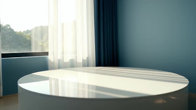 Bright Minimalist Modern Interior Featuring a Round White Table by a Large Window